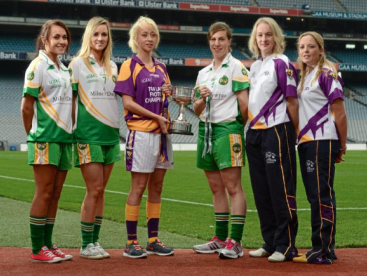 24 September 2013; The TG4 Ladies Football Finalists captains met ahead of the 40th Ladies Football Championship Finals. Pictured are from left, Offaly players Amy Kerrigan and Christine McDonnell, Wexford captain Kellie Kearney, Offaly captain Siobhan Flannery, Wexford players Mary Rose Kelly, and Amy Kerrigan. Offaly meet Wexford in the Junior Final, Cavan take on Tipperary in the Intermediate Final and Monaghan meet defending champions Cork in the Senior Final. The LGFA and the Irish Cancer Society will also combine to set the World Record for most people wearing Bandanas in One Place at half time in the senior match with all profits from the sale of bandanas going straight to the Irish Cancer Society. Croke Park, Dublin. Picture credit: Paul Mohan / SPORTSFILE *** NO REPRODUCTION FEE ***