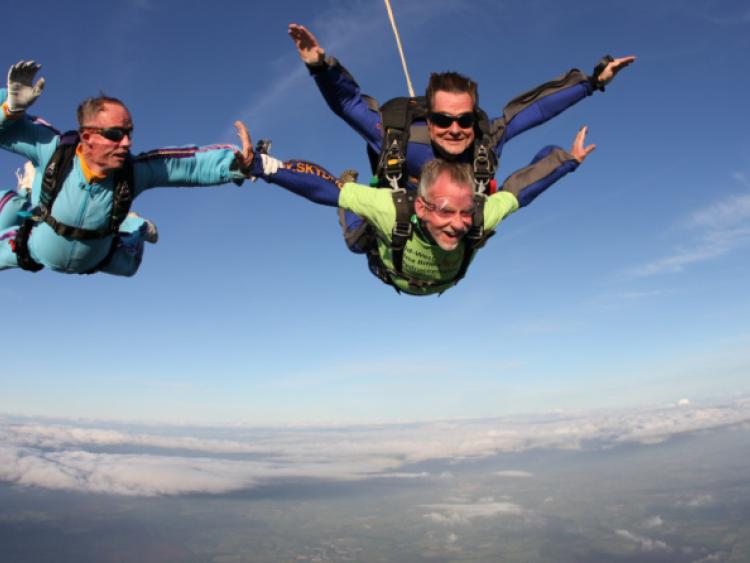 Ex metropolitan mayor Michael Sheahan dived into the clear blue sky in aid of Mid-West Spina Bifida. Cllr Sheahan, pictured with instructor Peter Breen, was frighteningly excited as he plunged from 13,000 feet