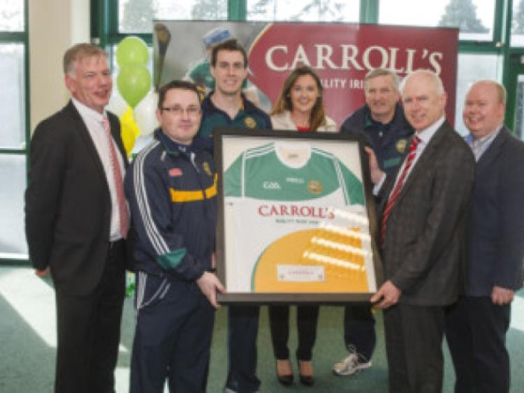 Pictured at the announcement of Carrolls Ham extension of their sponsorship of Offaly GAA and the launch of the new Carrolls Ham Offaly GAA jersey were l to r; Offaly GAA Chairperson Padraig Boland, Offaly senior football manager Emmet McDonnell, Offaly senior football team captain Niall McNamee, Carrolls Ham Marketing Manager Deirdre ONeill, Offaly GAA secretary Tommy Byrne, Carrolls Ham Managing Director John Comerford and Offaly GAA PRO Alan Walsh.