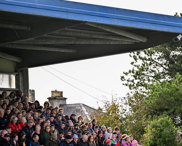 Supporters at the 2025 Clare County senior hurling final between Clooney Quin and Éire Óg Ennis at Cusack Park in Ennis (Photo by Piaras Ó Mídheach/Sportsfile)