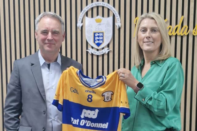 Ms Moran (pictured below presenting a Clare jersey to Future Ticketing's Greg Walker) added: “We have been able to improve our offering to supporters year on year and Clare GAA recording gate receipts of over €1m for the first time last year was a significant milestone and we acknowledge Future Ticketing’s role in helping us achieve that.”