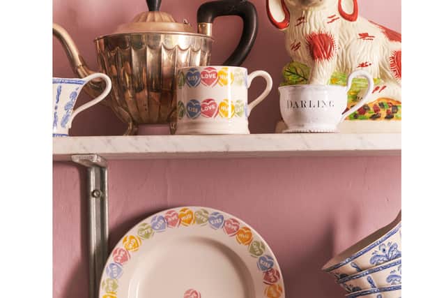2. Emma Bridgewater Love Hearts Collection: Love Hearts Small Mug, £22, (top); Love Hearts Half Pint Mug, £28, (bottom); Love Hearts Medium Dinner Plate, 8.5 inch, £27; Love Hearts Small Old Bowl, £24, Emma Bridgewater