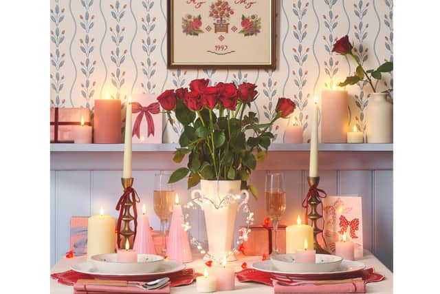 3. Lights4fun Warm White Micro Light Heart Wreath, £19.99; TruGlow Blush Pink Fluted Cone LED Pillar Candle Duo with Remote Control, £19.99; TruGlow Blush Pink Ribbed LED Pillar Candle Trio, £24.99, rest of items from a selection, Lights4fun