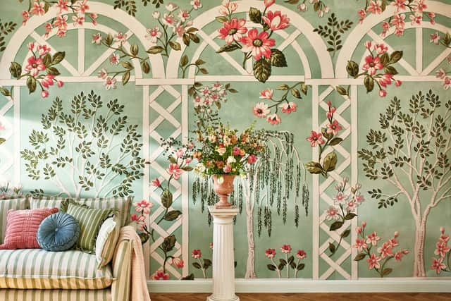 4. Laura Ashley Arlingham Gardens Mural in Eau De Nil, £250, (width 3 metres, height 2.8 metres), Wallpaper Direct