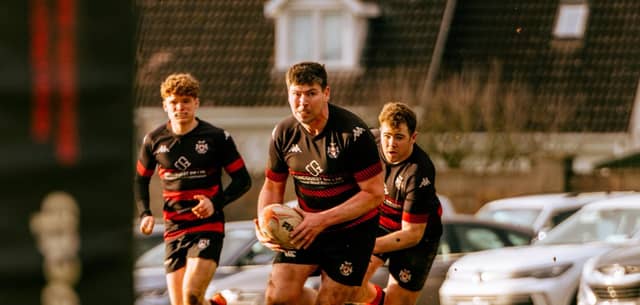 John Connolly on the charge with Ronan Hopper & Ryan Mealiffe in support vs Clontarf on Saturday. Picture: Darragh Bell.