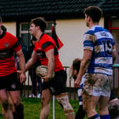 Ryan Strong, Conor Dunne, Karl Dunne and Cathal Farrell celebrate a Tullamore try. Picture Darragh Bell.
