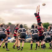 Odhran Hickey gathering lineout ball for Tullamore J3s in their win over Dublin University on Saturday.