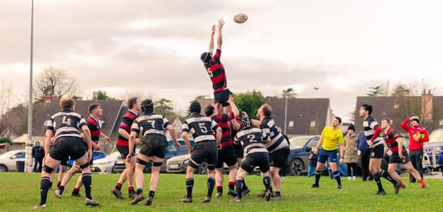 Odhran Hickey gathering lineout ball for Tullamore J3s in their win over Dublin University on Saturday.