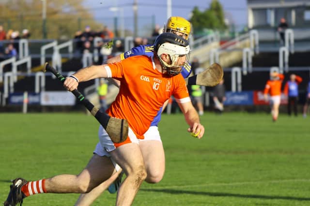 Eoin Quinlan (Lusmagh) tries to get away from Niall McLarnon (Ratoath) in the Leinster Intermediate semi-final. Pic Aoife Maher.