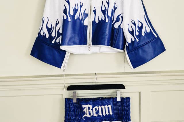 Benn, 29, is among the first boxers to design luxury fight wear, with his ensemble crafted entirely in printed paillettes.