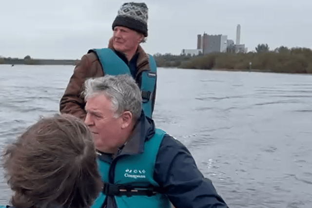 SOSO states that over the decades a lot of silt from Bord na Móna activity ran off into the Shannon system. This silt built up to such an extent that it created several pinch points and a number of islands. SOSO says it should be incumbent on Bord na Móna to remove this silt. “Wherever Bord na Móna put in silt traps in the 1990s there is not a silt problem.” (Pictured below is Michael Silke, Chairman of SOSO, and MEP Ciaran Mullooly, viewing the stranded callows livestock in the Shannonbridge area. The old Shannonbridge Power Station can be seen in the background. Michael is driving the boat).