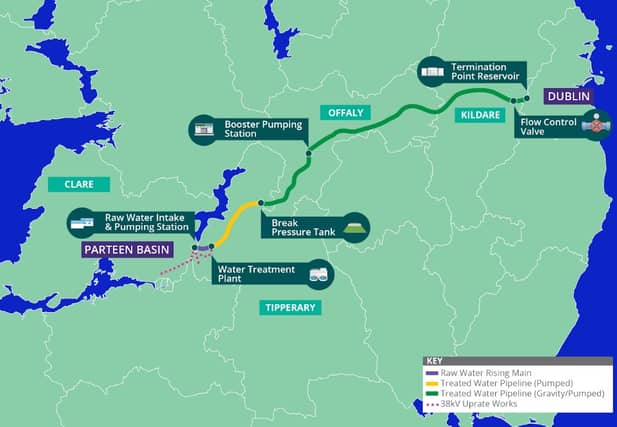 The Water Supply Project Eastern and Midlands Region proposes to abstract water from Parteen Basin, upstream of Parteen Weir on the Lower River Shannon, utilising a maximum of 2% of the long term average flow at Parteen Basin. It is proposed that the water will be treated near Birdhill, County Tipperary and treated water will then be piped 170km through counties Tipperary, Offaly and Kildare to a termination point reservoir at Peamount in County Dublin, connecting into the Greater Dublin Area water distribution network (see map below).