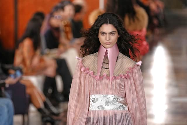 Fringed details swung from skirts, shirts and trousers; soft leathers paired with fur-heavy eveningwear. Sharp collars, conical shapes and plumed bodices hinted at the more avant-garde tailoring that Ghesquière was experimenting with.