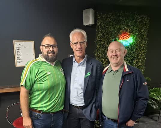 Former Ireland captain and manager Mick McCarthy flanked by Darren Sheridan, Goalpost (left) and John Joyce, Tullamore Ireland Soccer Supporters Club