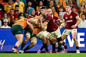 Nick Champion de Crespigny of Australia Tadhg Beirne and Dan Sheehan of British & Irish Lions during the first test matchat Suncorp Stadium in Brisbane | PICTURES: Sportsfile