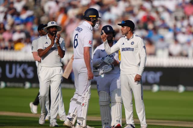 Zak Crawley repeatedly pulled out of his stance to Jasprit Bumrah, then called for the physio after being rapped on the finger, leading an irate Gill to shout an obscenity towards the England batter.