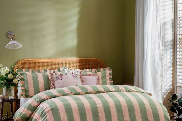 3. Birdie Stripe Bed Linen in Pistachio &amp; Petal, Wiggle Striped Pink and Green Bed Linen Set with Ruffle Trim, Double from £50, French Bedroom
