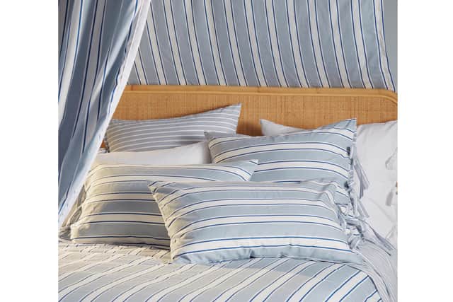 9. Glassette Teddy Stripe 100% Cotton Bed Linen: Duvet Cover, Double from £105; Flat Sheet, Double from £79; Pillowcase, Standard, £28; Cotton Loop Top Curtain, £65, Secret Linen Store