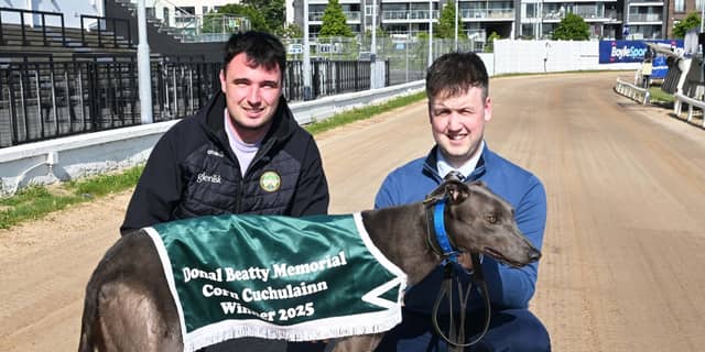 Sean Beatty (left) and Dylan Brennan (Racing Manager Shelbourne Park) launching details of the Donal Beatty Memorial Corn Cuchulainn.