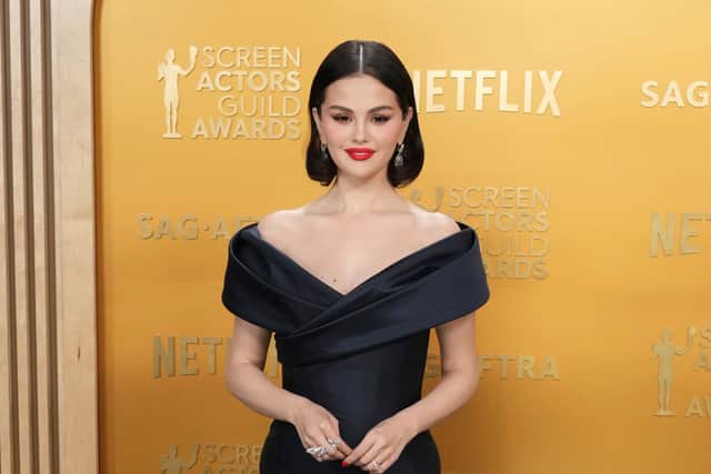 Emilia Pérez star Selena Gomez, 32, also radiated classic Hollywood glamour in a silky off-the-shoulder black gown, which she styled with strappy black stiletto sandals.