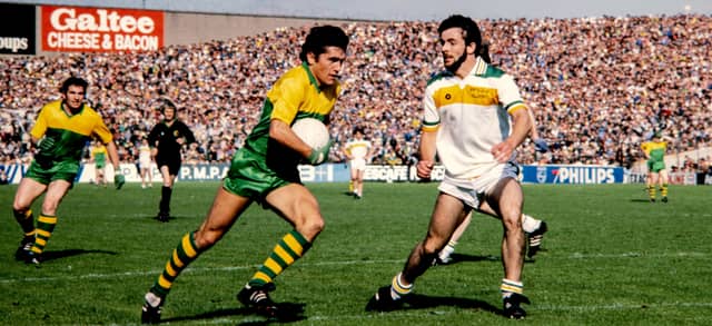 Liam Currums tacklingKerry's Ger Power during the 1981 All-Ireland senior football final.