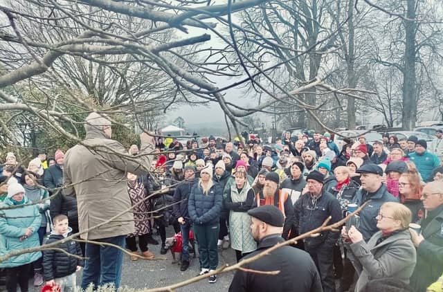 Deputy Michael Lowry addressing a large group of protestors outside the Racket Hall Hotel last week