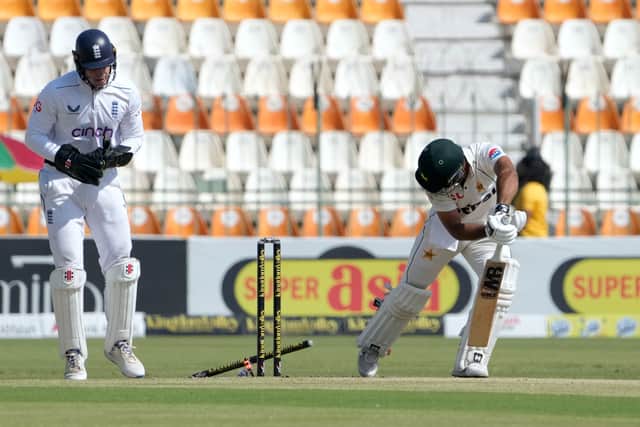 Leach beat the bat twice before striking with his ninth ball, snaking one past Shafique’s outside edge and knocking over off stump.