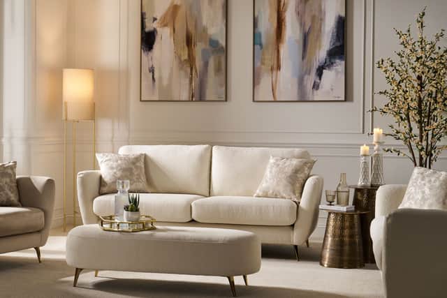 5. Stacey Solomon Bliss 3 Seater Sofa with Gold Feet, Snug Boucle Pearl Collection, £1,649; other items from a selection, ScS