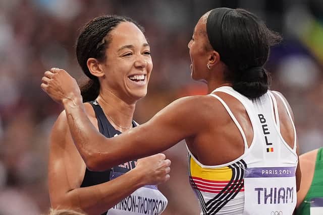 She threw a season’s-best 45.49m in the javelin, but Thiam landed a mammoth 54.04m for a season’s best of her own.