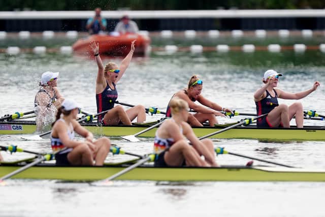 Rowers smiling after photo finish