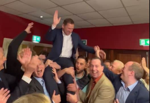 Reflecting on the European election (pictured below is Mr Cowen celebrating at the count in Castlebar), which saw him win one of the five seats in the Midlands North West constituency, Mr Cowen said he was very grateful to everyone who voted for him and all who helped him during the campaign.