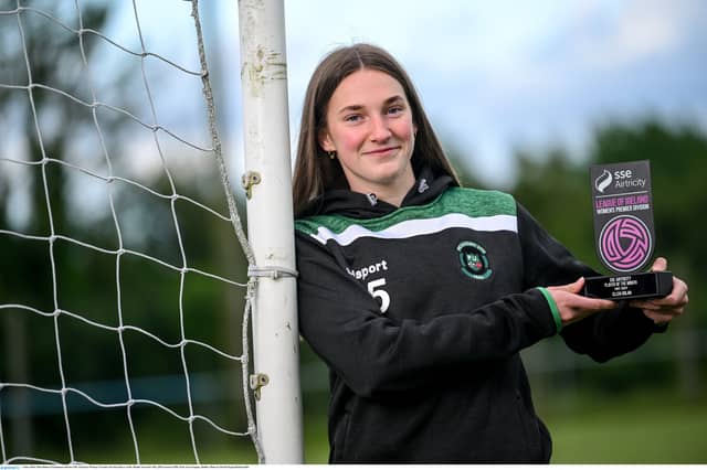 Ellen Dolan of Peamount with her SSE Airtricity Women’s Premier Division Player of the Month Award for May 2024 Award at PRL Park in Greenogue, Dublin. Photo by David Fitzgerald/Sportsfile