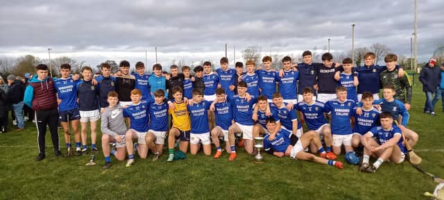 The Banagher College Senior Hurling Team celebrate after defeating Heywood CS in the Leinster PP Schools Senior B Final in Rosenallis.