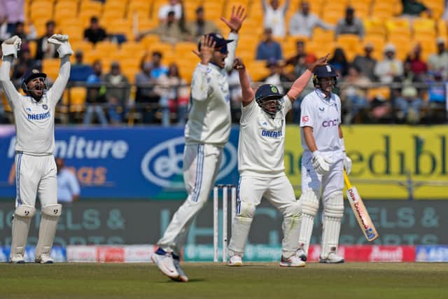 The cooler conditions in the foothills of the Himalayas initially aided India’s seamers and especially Bumrah, who repeatedly went past the outside edge. An 85mph delivery behaved like a leg-break to beat Crawley all ends up, underlining the challenge England’s openers faced off the pitch.