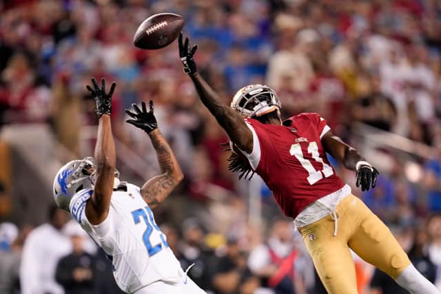 Jake Moody landed a field goal before Brandon Aiyuk caught a six-yard touchdown pass from Brock Purdy – after the pair had connected on a 51-yard throw via the face mask of the Lions’ Kindle Vildor – and McCaffrey went in again to level the scores.