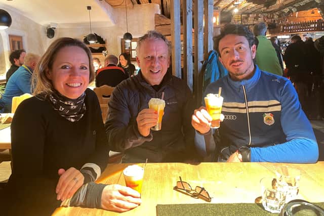 After a gentle introduction on the slopes near Corvara, we head up a series of gondolas and chairlifts to trendy Jimmi Hut on the edge of the Sella Ronda ski circuit for some Dutch courage before tackling the more challenging runs.