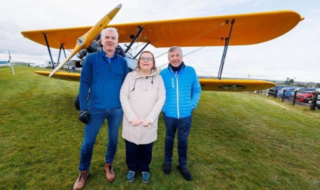 L. to r. David Corboy of Ormand Flying Club, Marian Carter, President of Offaly SVP, and Aer Lingus pilot Sé Pardy pictured in Birr Airfield, where a fundraiser for SVP will take place on April 15