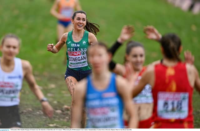 A delighted Danielle Donegan crossing the finishing line in Brussels.