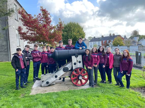 Students from St Brendan's Community School, Birr, at the cannon at John's Mall.