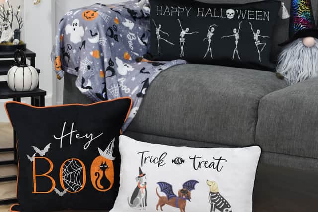 9. Happy Halloween Cushion – Black, £8.99, Hey Boo Embroidered Cushion, £8.99, Trick or Treat Cushion – White, £7.99, rest of items from a selection, The Range.