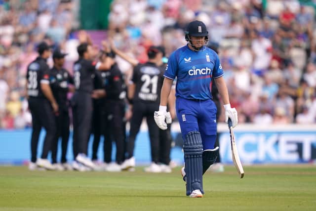 Buttler’s eyes lit up at a rare Santner long hop but was on the shot too early and, perhaps undone by the ball sticking in the surface, dragged on to his leg stump, having made 30 of England’s 55 for five.