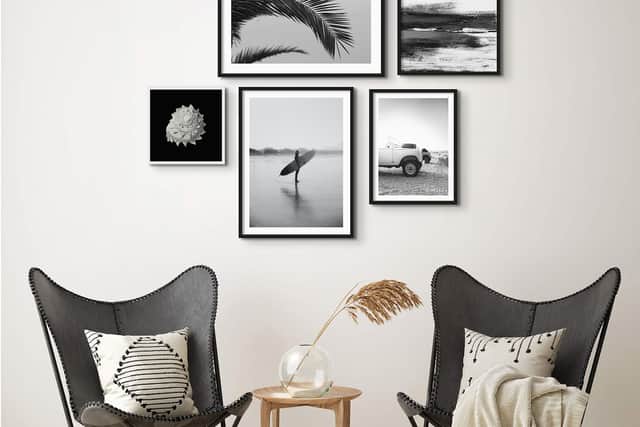 4. Palm Leaf Print, Black & White Palm Tree Photograph, from £49; Monochrome Coast, Black & White Beach Painting, from £59; Land Rover Defender Beach at Dawn, Black & White Photography, from £49; Surfer, Black & White Photography, from £49; Vintage Star Shell, Black & White, Shell Art Print, from £59; Framed, Beach House Art