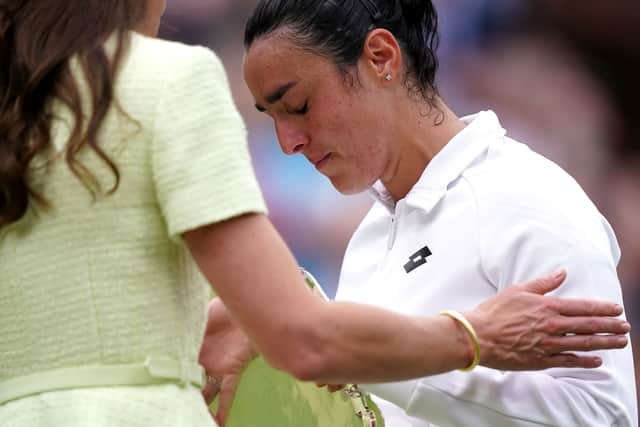 Jabeur, last year’s losing finalist as well, broke down in tears after receiving her runners-up trophy from the Princess of Wales.