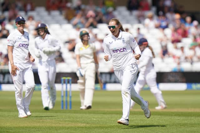 That was the first of three fours in the over, the third out of Knight’s reach in the slips, and Sutherland continued to churn out the runs after lunch with a mighty heave for Australia’s first six.