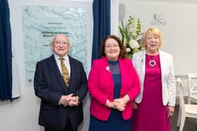President Michael D. Higgins, Chief Executive of Offaly County Council, Anna Marie Delaney and Mrs Sabina Higgins at the opening of Esker Arts Centre in Tullamore