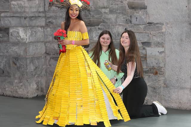 Meanwhile, there were two other Offaly schools represented. From Sacred Heart School, Tullamore, Transition Year students Alex Corcoran, Sunniva Horneck Johnson and Charlotte Hayes (see picture below) presented 'Golden Ticket', a dress made from train tickets, the underskirt of an old wedding dress and ribbons.