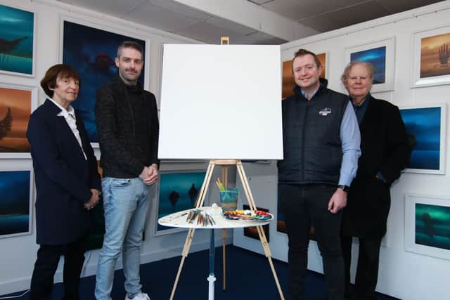 Clare native Vincent Devine (pictured below second from left with Dymphna Bracken, Tullamore Lions Club, Will Faulkner, Midlands 103, Gerry Walsh and Christy Maye, Tullamore Lions Club) who had a sell-out show of the Irish debut of his new Manifesto work to one of Ireland’s most prominent collectors has donated a bespoke commission that will be won by the highest bidder.