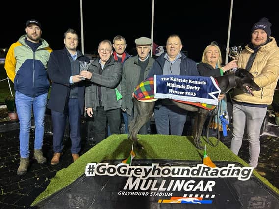 The connections of Vinegar Joe, winner of the Kilbride Kennels Midlands Derby 2023 in Mullingar Greyhound Stadium.
