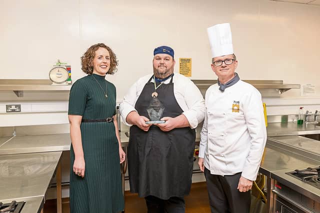 Martin Duffy (Class winner, Chocolate Sculpture competition) is pictured with his mentor culinary arts lecturer Kevin Ward and Dr Emma Reardon