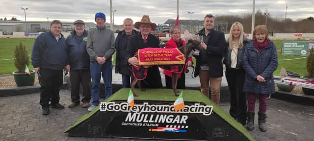 Ann and Sean McGuiness receiving the trophy for RPGTV Mullingar Greyhound of the Year for Horseleap Nelly from Mark McGuire of RPGTV with friends & family of the winners.